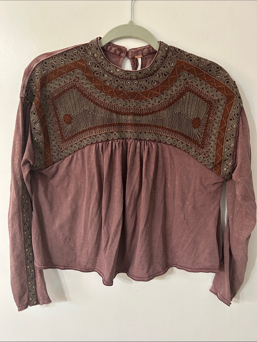 Free People Snow Bunny Blouse Embroidered Mock Neck Mauve Long-Sleeve Crop Top